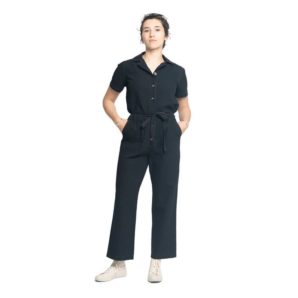 UTILITY Canvas One Piece Womens Small Button Down Short Sleeve Jumpsuit Black